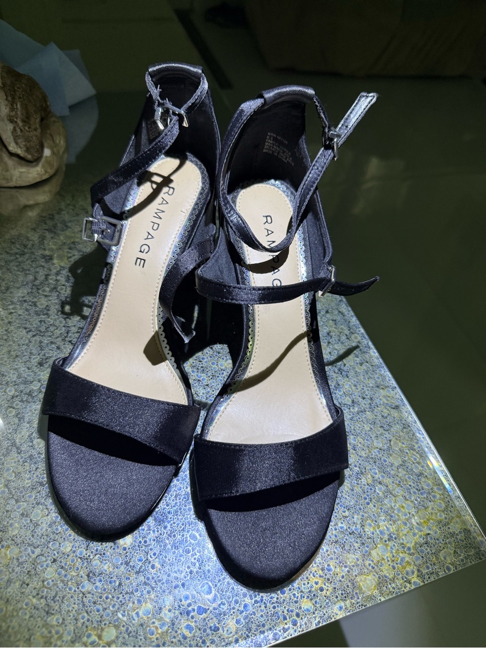 Rampage Black Satin Strappy Ankle-Heel Sandals